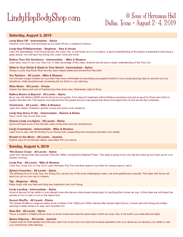 Dance class schedule and description