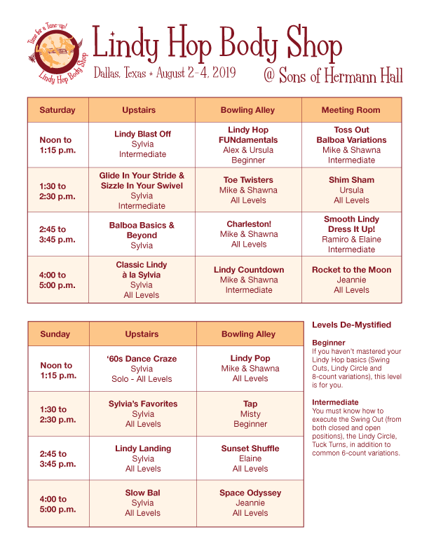 Dance class schedule and description